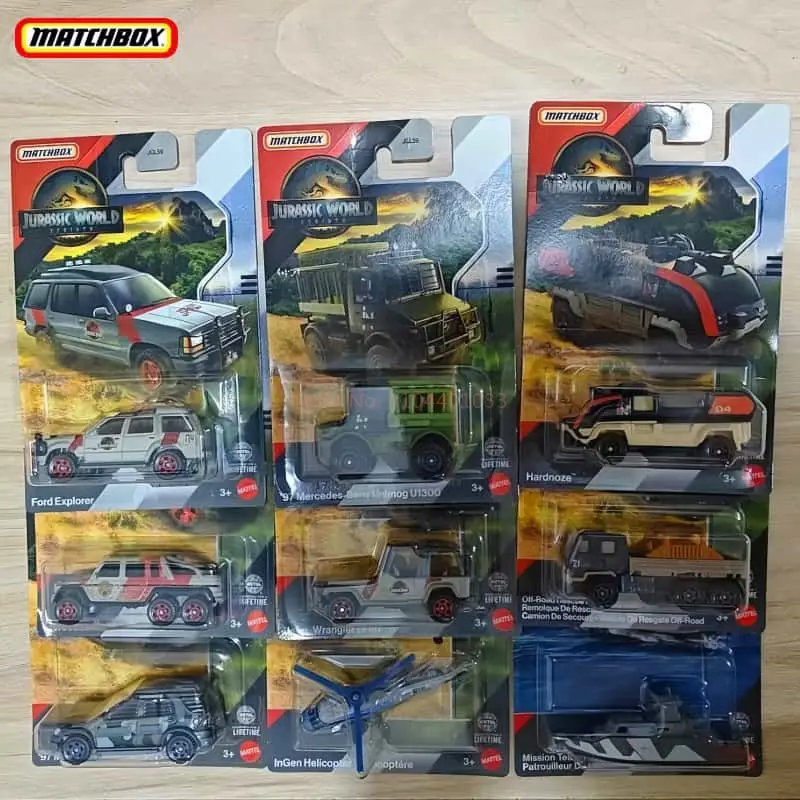 

Genuine Matchbox Jurassic World Rebirth Jeep Wrangler Off-Road Rescueing Ford Explorer Voiture Model Car Ornament Toy Boy Gift