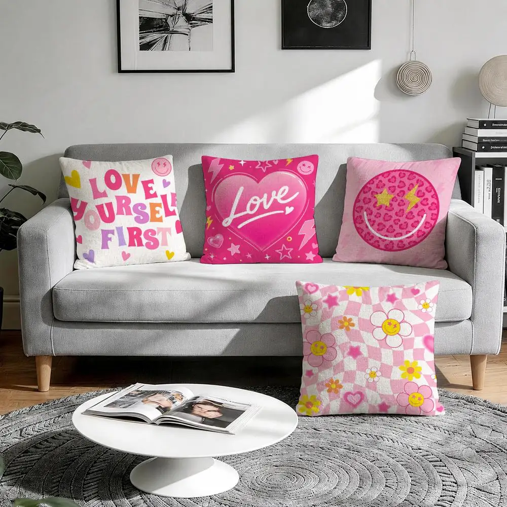 Sweet and Cool Pink-tone Y2K Style Print Cushion Cover Natural Breathable Durable Linen Printed Decor Pillow Case Sofa Bedroom