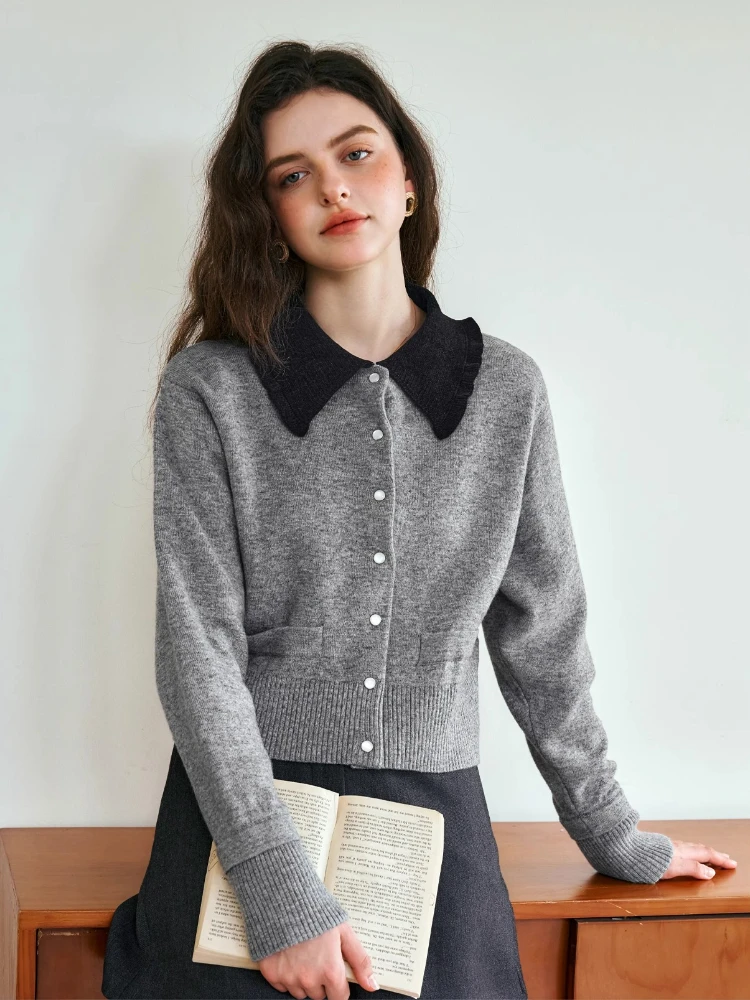 

OLrain Women's Gray Knit Sweater 2025 Autumn New Collar Contrast Color Round Neck Pullover Casual Versatile Tops M56QZ88388