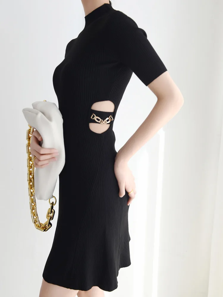 CHUJIE Feminino 2025 Verão Estilo Francês Malha Mini Vestido - Sexy Cintura Recorte Manga Curta Com Tecido Refrigerador