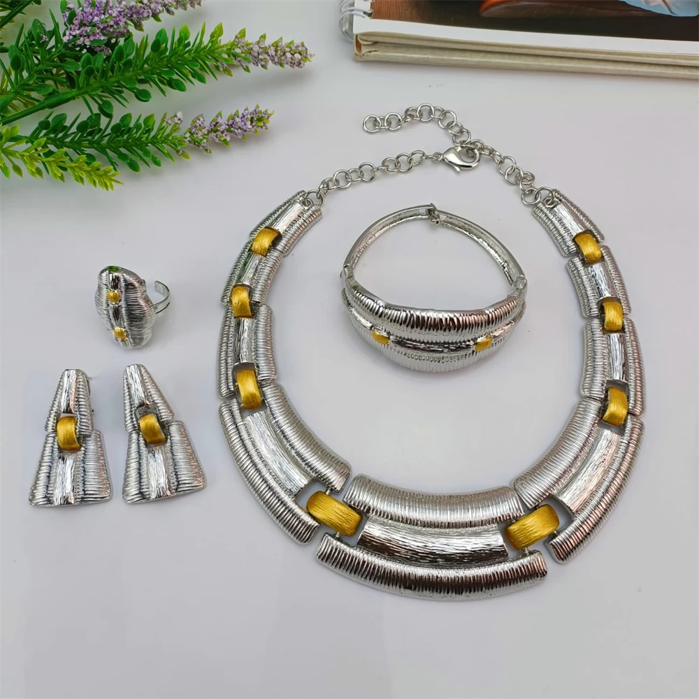 EMMA Fashion American European African Wedding Party Necklace Earrings Bracelet Ring Silver-Color Jewelry Set for Women