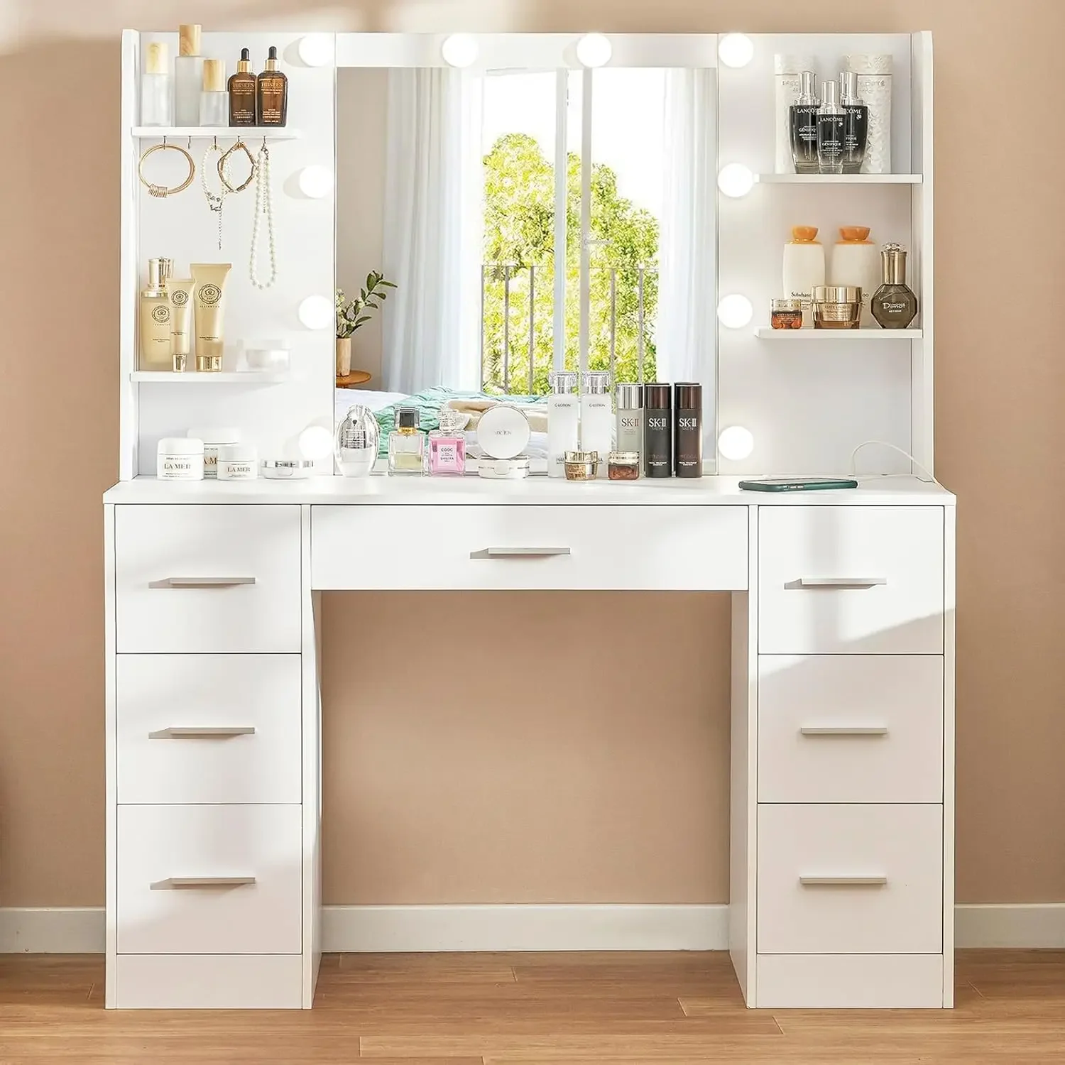 Large Vanity Desk with LED Lighted Mirror & Power Outlet,Makeup Vanity Table with 7 Drawers,4 Shelves and 5 Hooks,Vanity