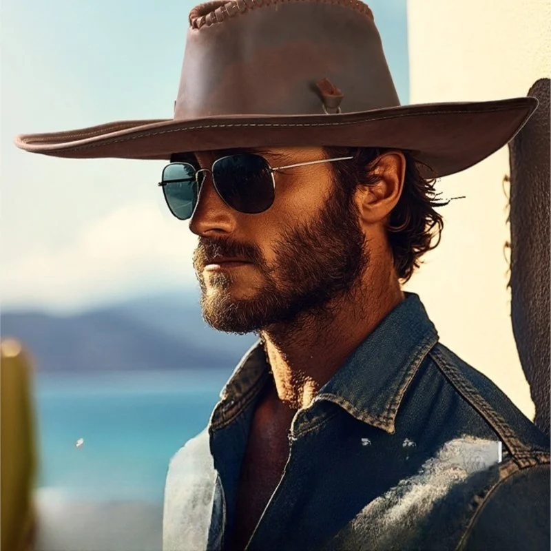 leather hat-style pure top hat travel workwear layer of with large eaves