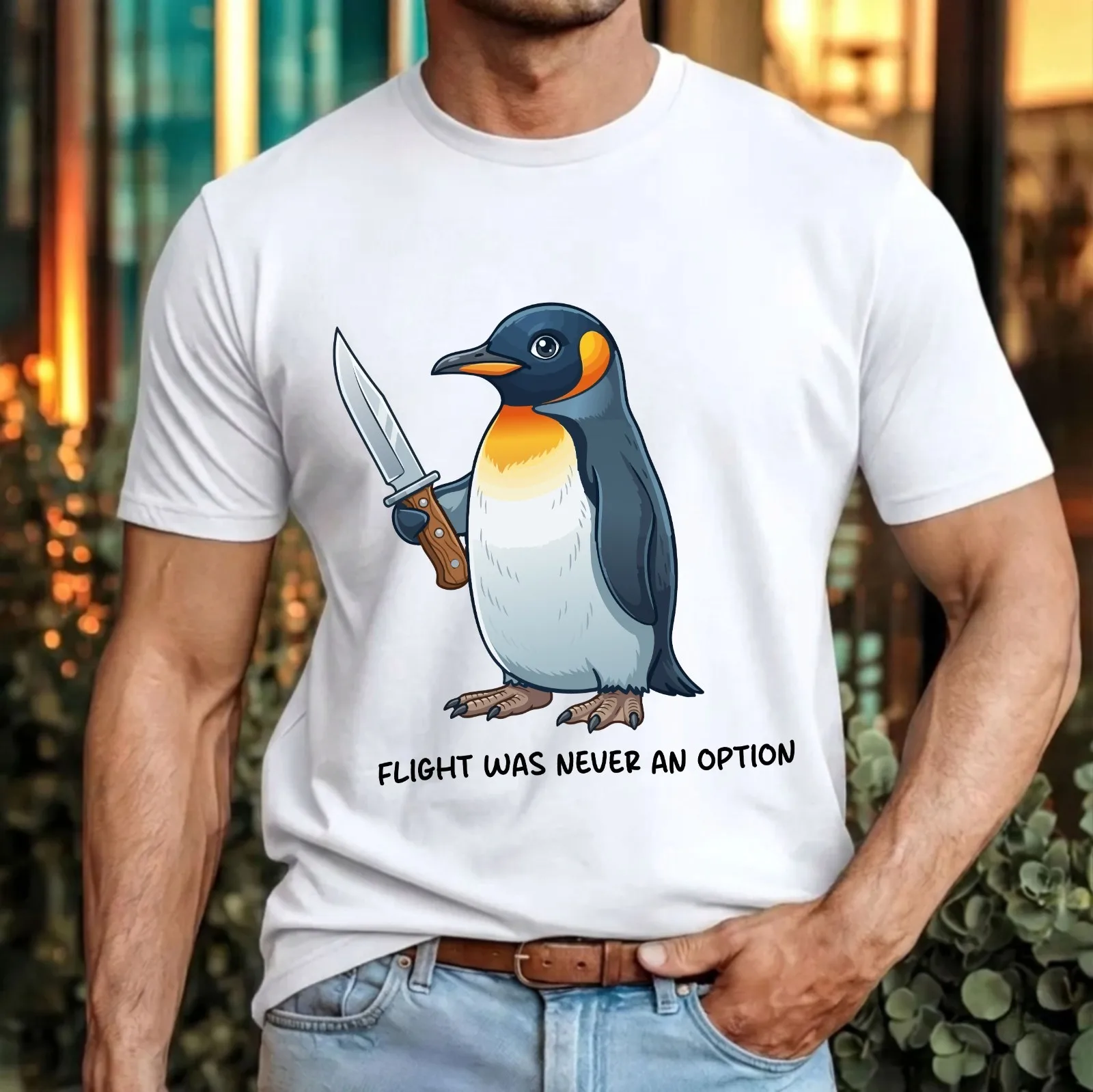 Novelty Humor Penguin Holding  Flight Was Never Option Letter Print Crew Neck Cotton Short Sleeve Mens Casual Animal Lovers Tees