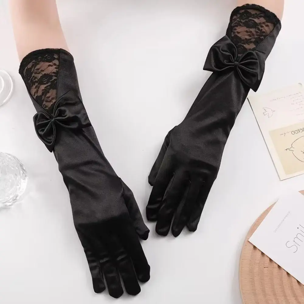 New Bowknot Satin Bride Gloves Lace Trim Long Sleeves Etiquette Gloves Wedding Dress Gloves Wedding Dress Accessories