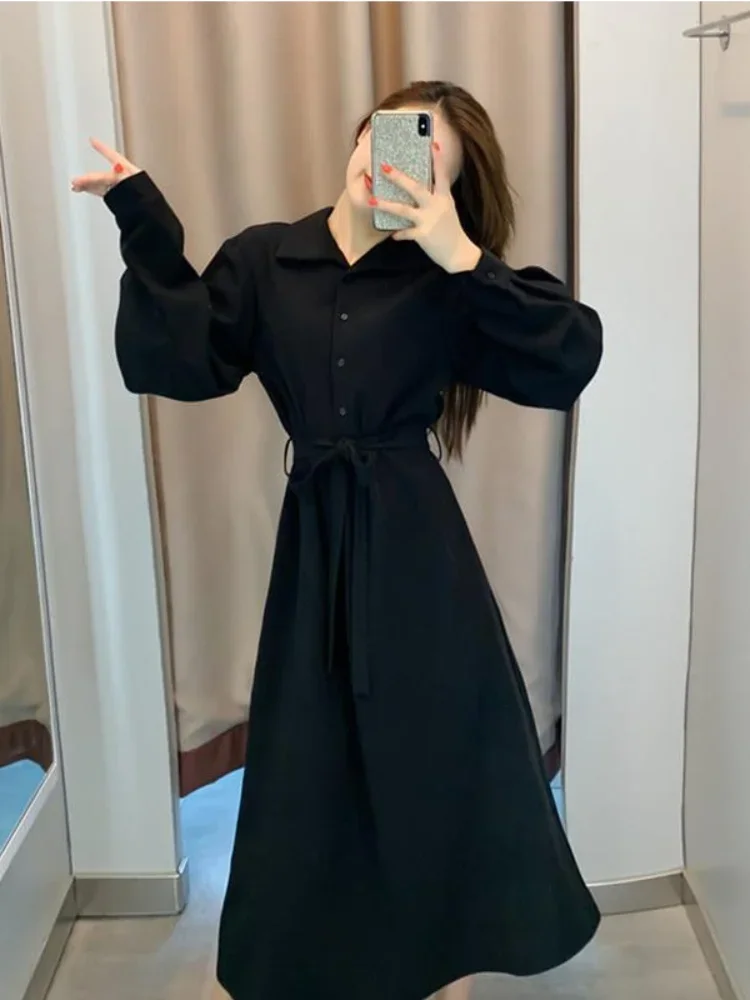 QWEEK-Vestido camisero negro para mujer, ropa informal Vintage de manga larga para fiesta, elegante, estilo Kpop, Harajuku, 2022