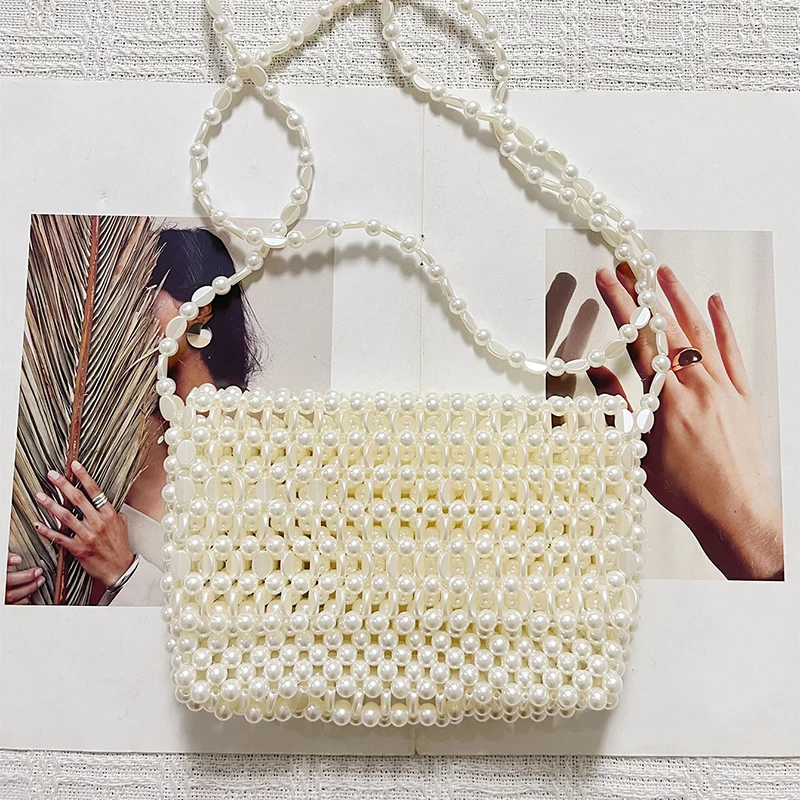 

2025 new French socialite hand woven bead imitation pearl simple ins style small square bag crossbody bag