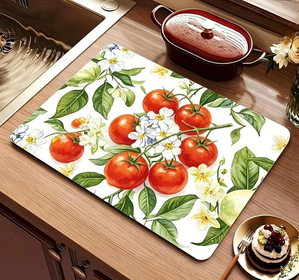 Tapete de Drenaje para Barra de Café con Diseño Realista de Tomate, Absorbente de Agua, Resistente al Calor, Tapete Decorativo para Secar Platos en la Cocina