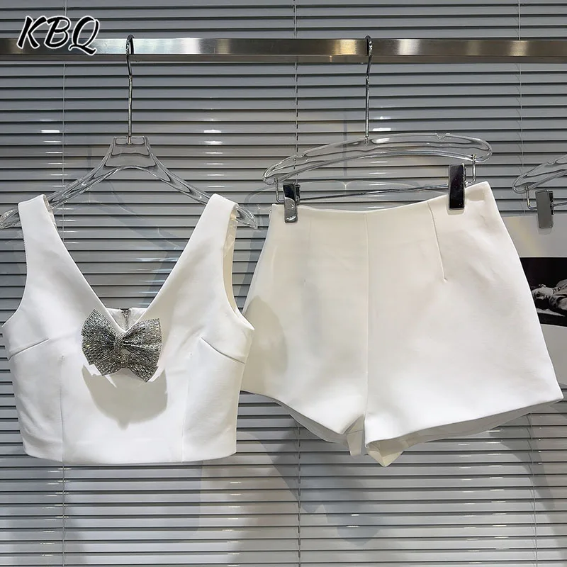 

KBQ Solid Chic Two Piece Sets for Women V Neck Sleeveless Spliced Bowknot Short Tops High Waist Shorts Chic Set Female Fashion