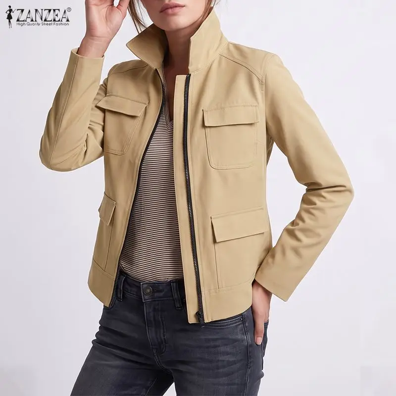 ZANZEA Women Long Sleeve Cargo Jackets Stand Collar Zip Up Lightweight Coats Retro Utility Fall Spring Casual Workwear Outerwear