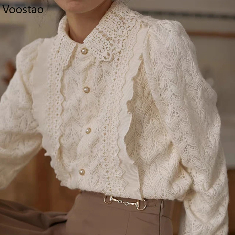 Vintage Elegant Lace Shirt Spring Autumn Women Sweet Long Sleeve Pearl Button Embroidery Blouses Office Lady Chic Ruffles Tops