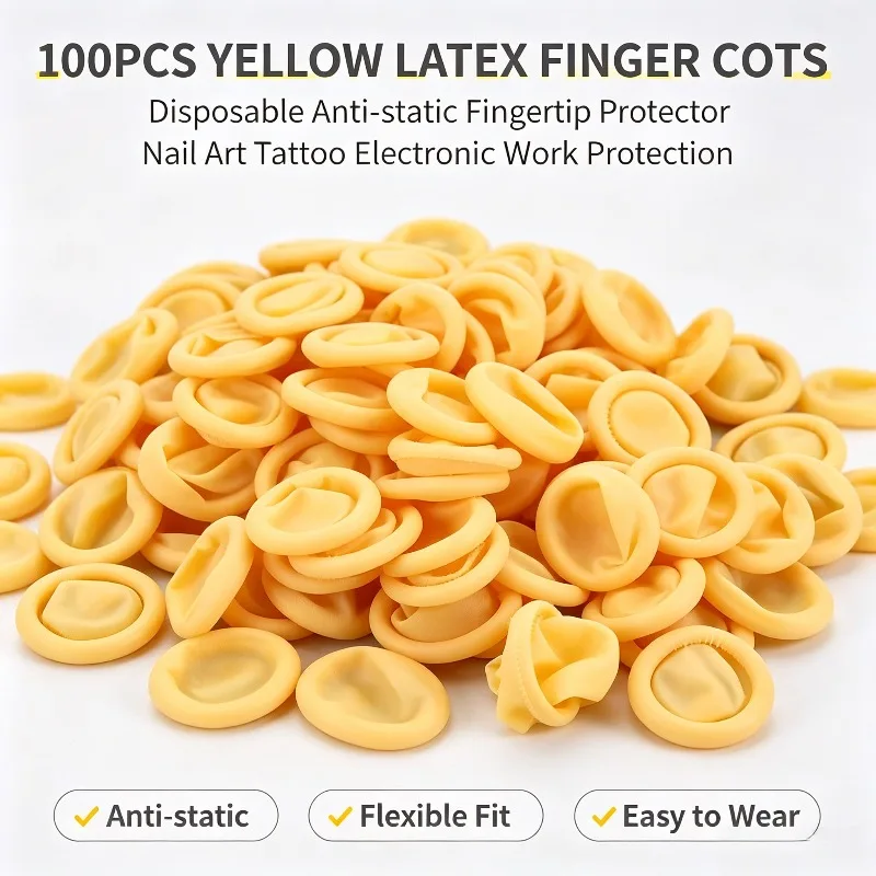 100Pcs Yellow Latex Finger Cots Disposable Anti‑static Fingertip Protector for Nail Art Tattoo Electronic Work Protection