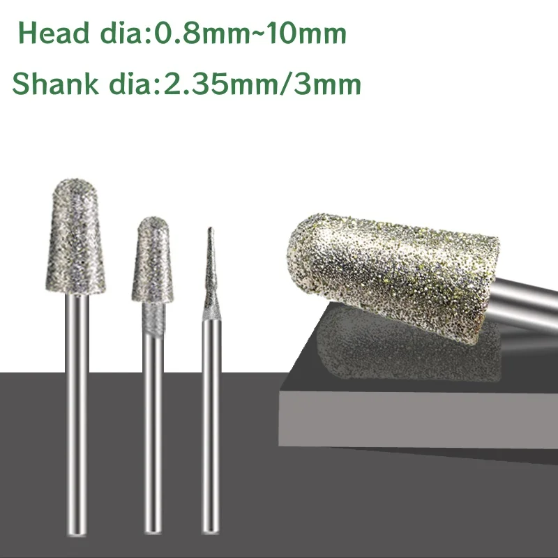 

5-50pcs 2.35/3mm Shank Diamond Grinding Head Bullet Mount Bit 0.8/1/1.5/2/3-10mm Jade Metal Deburring Polishing Tool Accessories