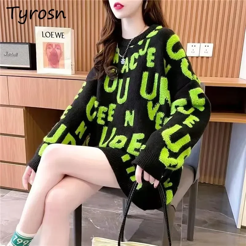 Pullovers Women Autumn Winter Lamb Wool Tops Oversized Korean Style Loose Contrasting Colors Letter Jacquard Pullover Sweaters