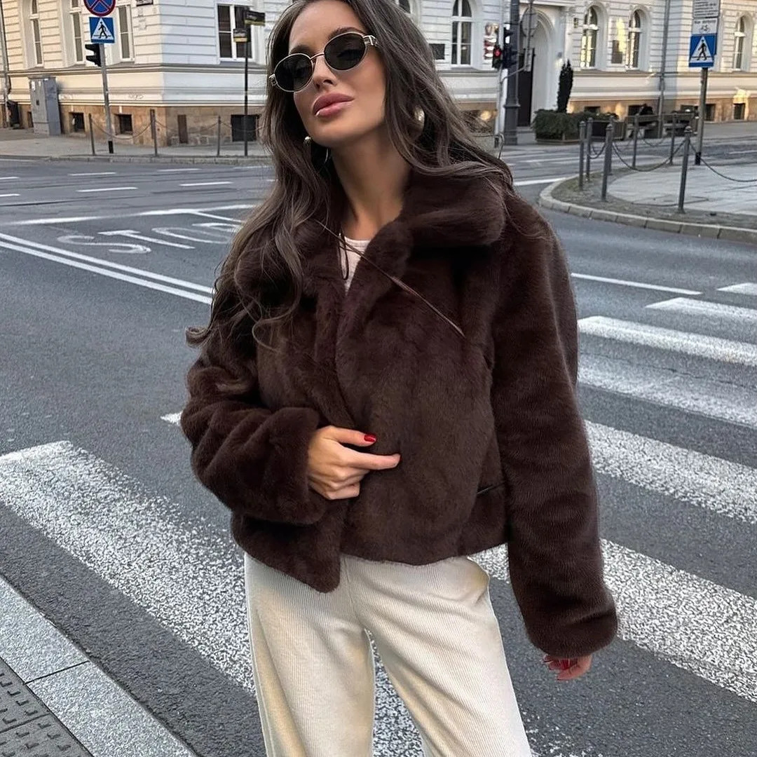 

Женская осенне-зимняя модная короткая куртка с лацканами из искусственного меха, простая свободная однотонная теплая верхняя одежда с длинными рукавами