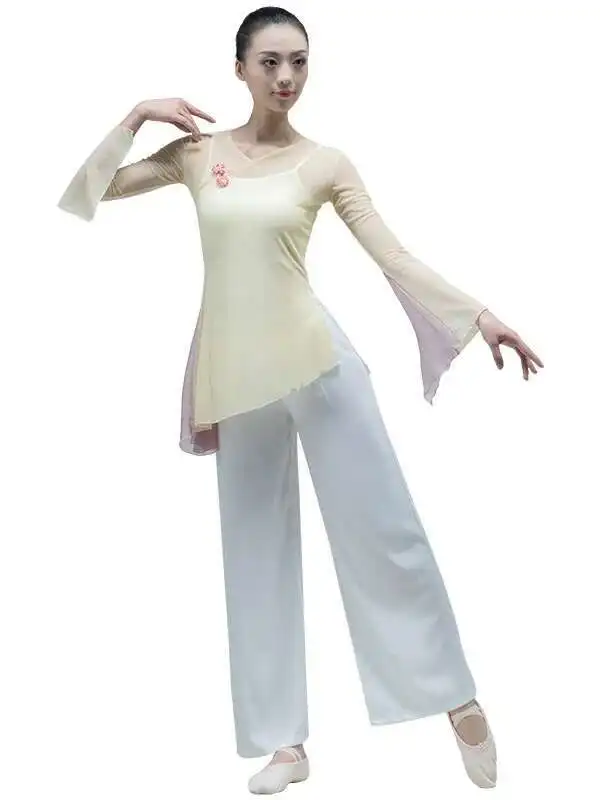 Camicia da ballo classica da donna, leggera, in rete trasparente, con corno superiore, manica lunga, abbigliamento da ballo popolare cinese con bottone a nodo