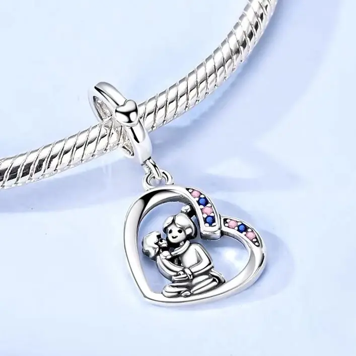 

925 Sterling Silver Original Charm Heart Mother Child Pendant Fit Bracelet Diy Woman Jewelry