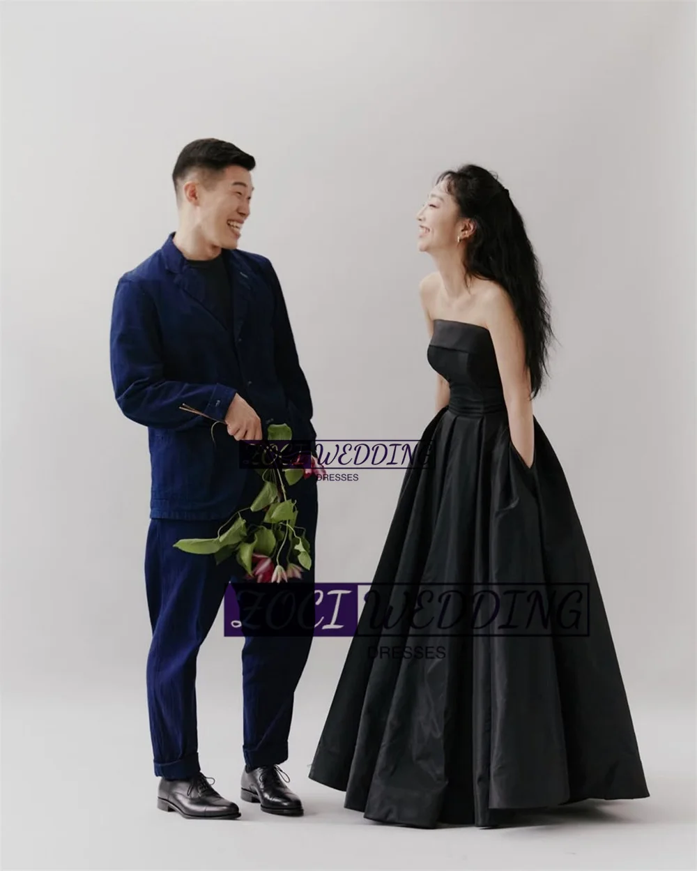 Zoci Elegant Black Korea Evening Dresses Strapless Satin Customized Wedding Photo Shoot Dress Floor Draped Bridal Party Dress