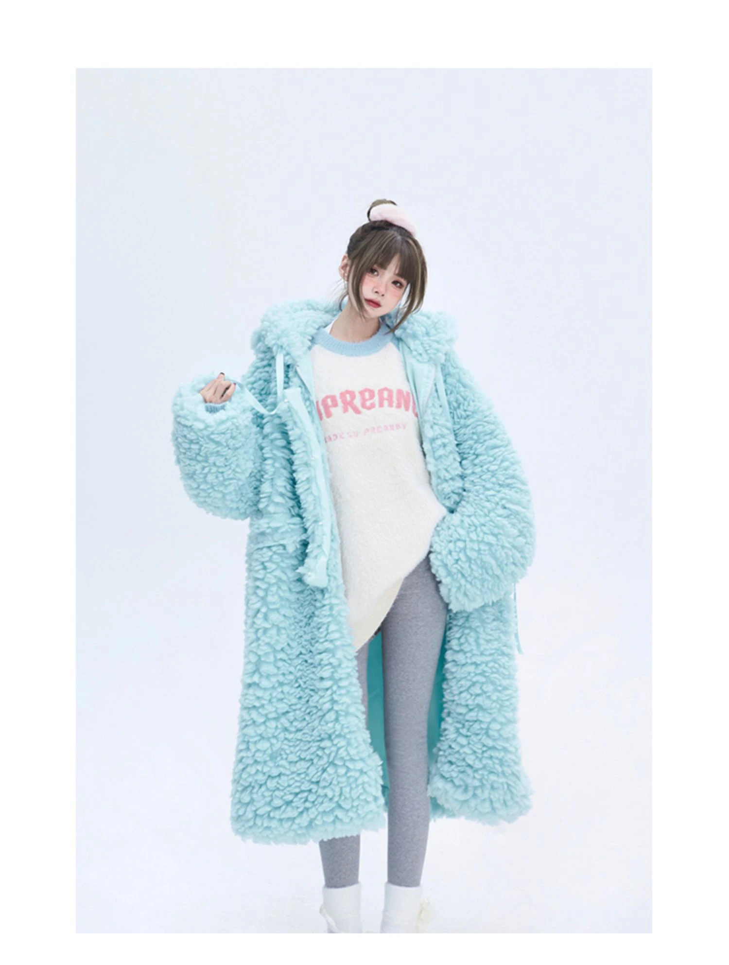 Lautaro Winter Long Oversized Casual Thick Warm Blue Thick Warm Fuzzy Fluffy Faux Fur Coat Women with Hood Zipper Fashion 2023