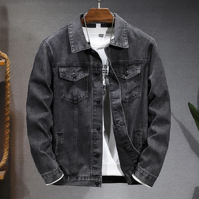 

New autumn models Men's black and gray denim jacket High-end slim and simple lapel solid color men's denim