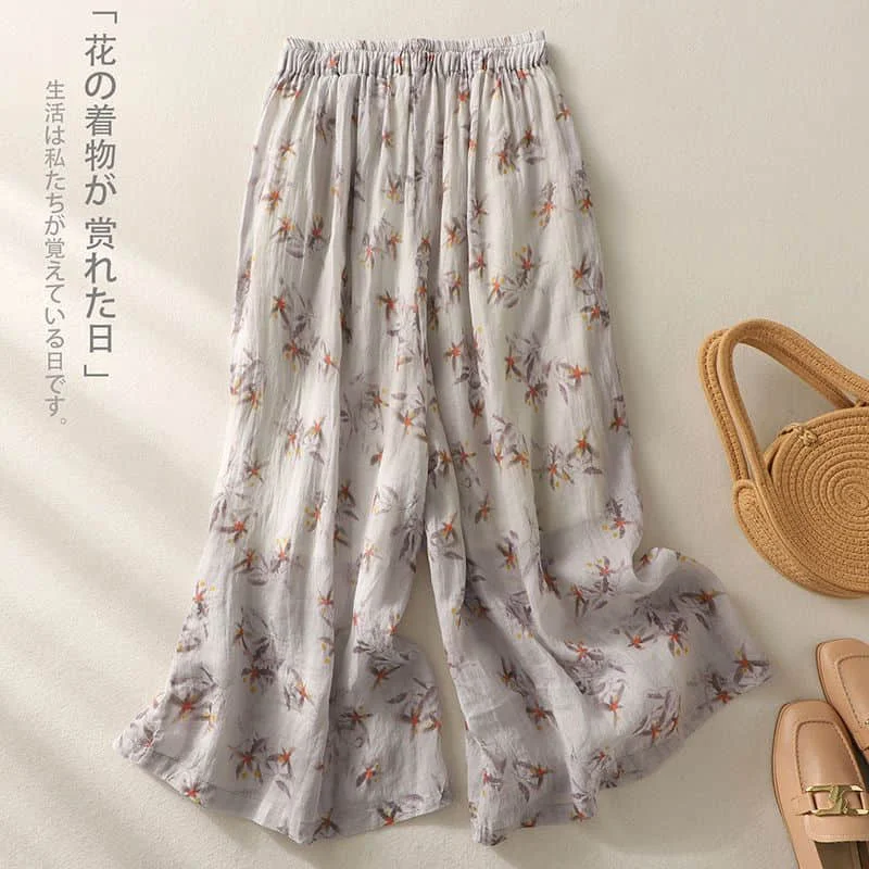 Baumwolle Leinen Hosen Frauen gedruckt lose lässige Baggy Hosen Vintage Sommer koreanischen Stil elastische Taille Hosen weites Bein Hosen