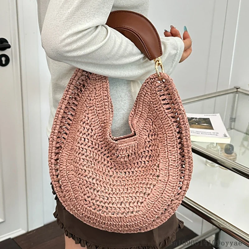Seaside Vacation Style Woven Bag New Women's Bag Bohemian Half Moon Straw Bag Fashion Beach Handbag Large Capacity Travel Tote - view 3