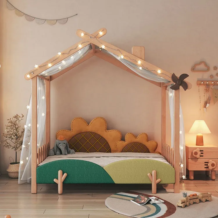 سرير أطفال بناتي من الخشب الصلب مع درابزين مكتب بيت شجرة مدمج بتصميم قابل للسحب بطول 1.5 متر #2