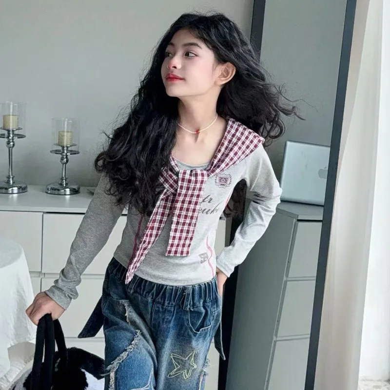 

Корейская осенняя одежда для маленьких девочек, детский топ с буквенным принтом для девочек, детские джинсовые штаны контрастного цвета для девочек, комплект из 2 предметов для девочек от 4 до 14 лет