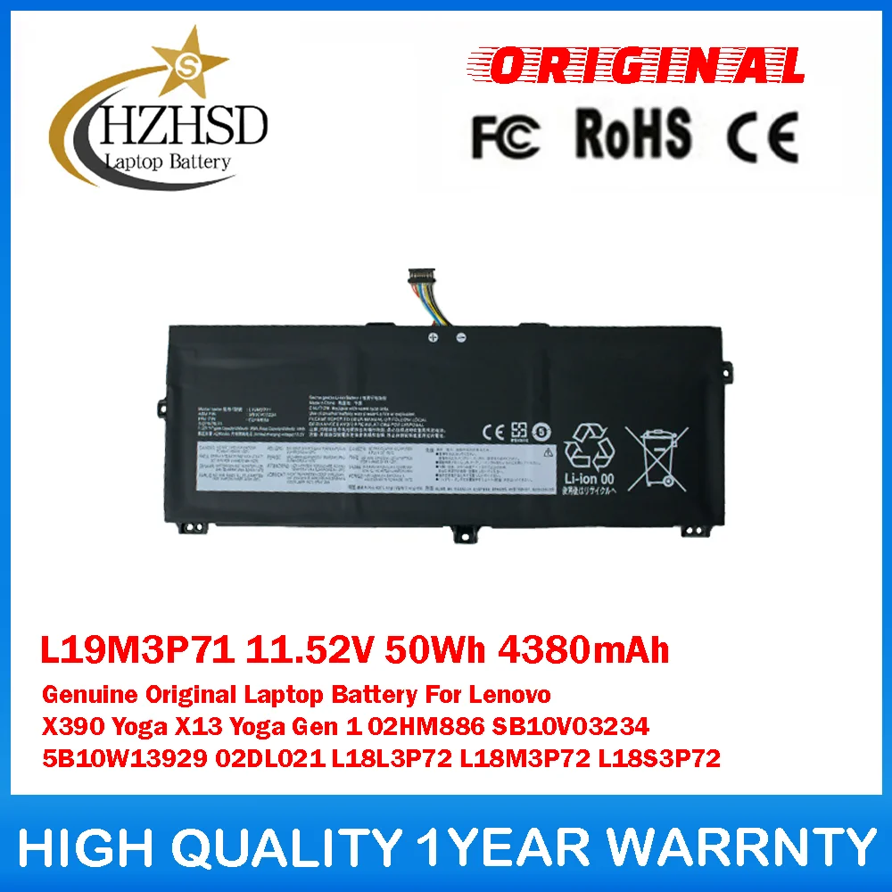 

L19M3P71 11.52V 50Wh 4380mAh Genuine Original Laptop Battery For Lenovo X390 Yoga X13 Yoga Gen 1 02HM886 SB10V03234 5B10W13929
