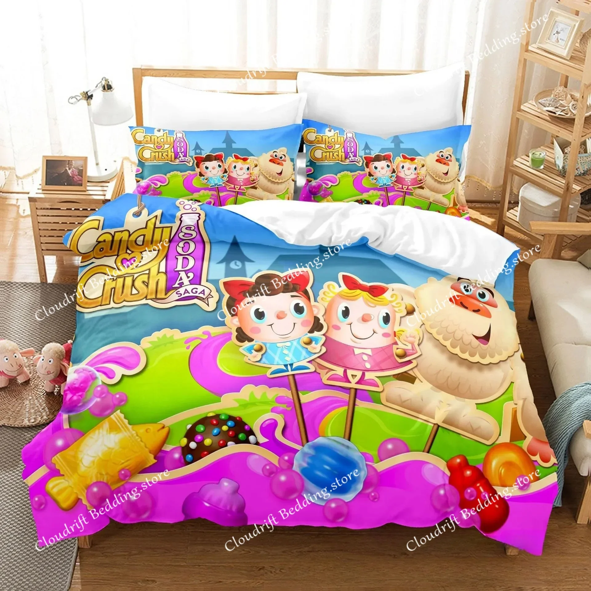 Candy Crush Saga Game Duvet Cover Pillowcase Bedding Set Adult Boys Girls Bedroom Decoration Birthday Gift Single Double Size026