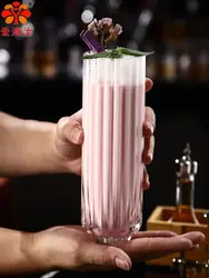 Auxiangru Striped Bud Straight Cocktail Juice Long Drink Milk Shake Cup Flask Liquor Vodka Glasses for Champagne Glasses of Wine