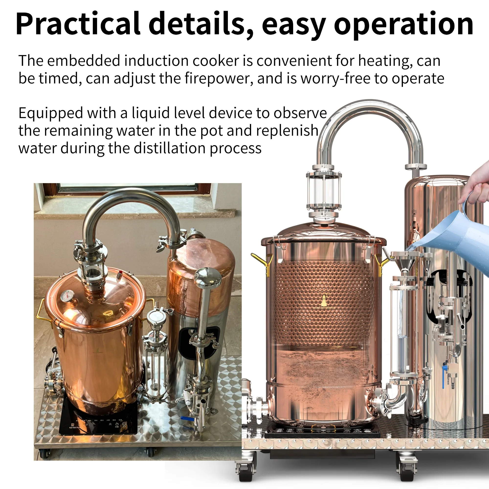 HOOLOO MOVE-30 جهاز تقطير هيدروسول/زيت أساسي لا يزال C10000 قطع منزلية من النحاس الأحمر متحركة مع منصة 2200 وات تسخين كهربائي #4