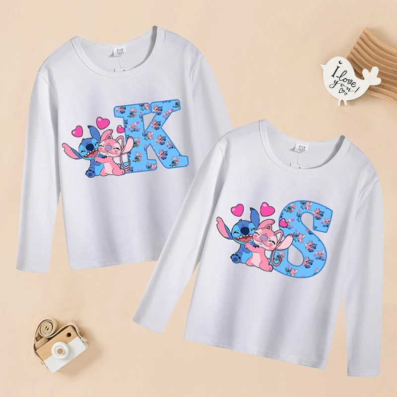 Disney Stitch Kids Long Sleeve T-Shirt Cute Cartoon Letter Printed Pullover Boys Girls Winter Warm Tops Kawaii Children Clothes