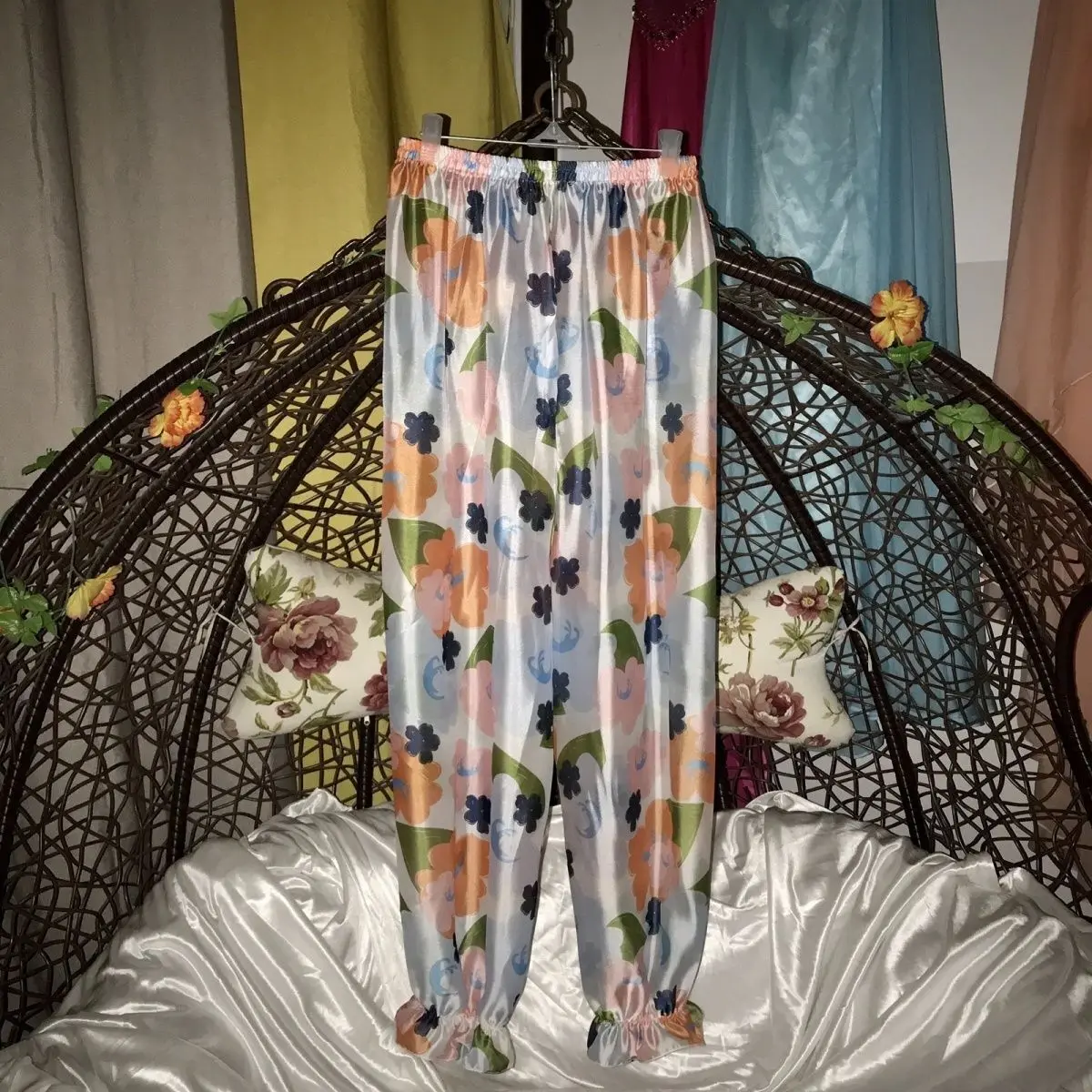 

Summer floral print see through pants Women satin casual plus size trousers sleeping bottoms