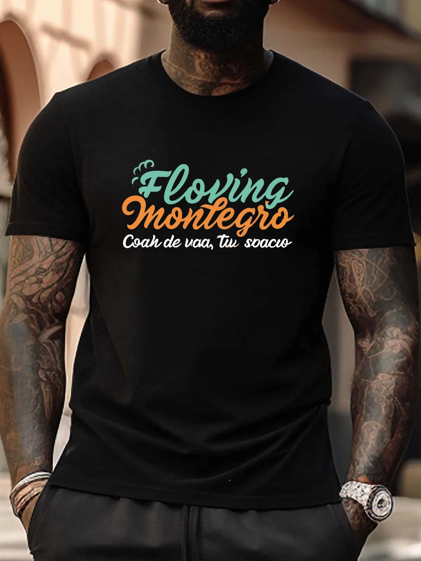 Trendy Men's Black Graphic T-Shirt Flowing Montecaro Bold Script Typography Colorful Slogan Print Retro Letter Design 100% Cotton Heavyweight Short Sleeve Casual Streetwear Tee