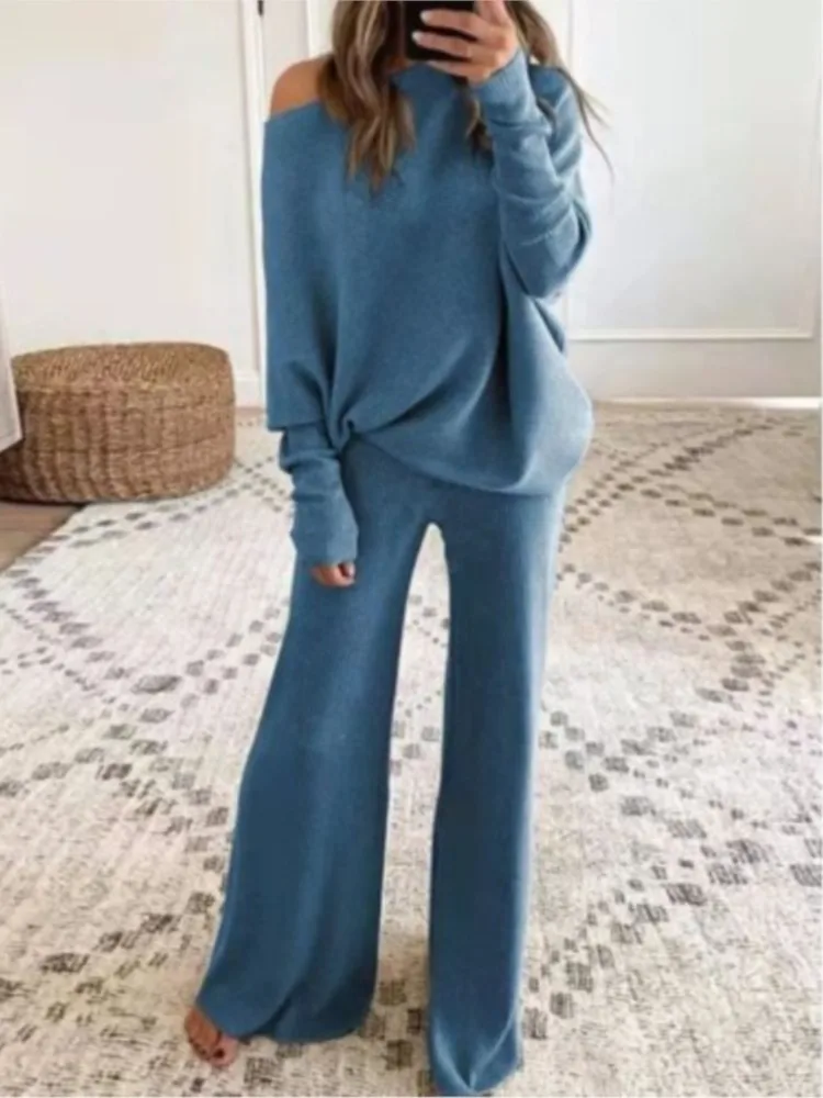 Fashion Long-sleeved Bateau Collar Top + Wide-leg Pants 2-piece Set Women Elegant Autumn Solid Color Knitted Loose Suit Female