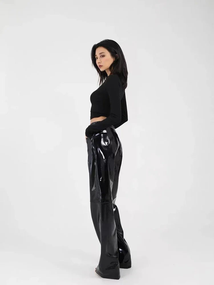 Pantalones rectos de piel sintética para mujer con acabado brillante Pantalones sueltos góticos de látex para mujer con bolsillo personalizado