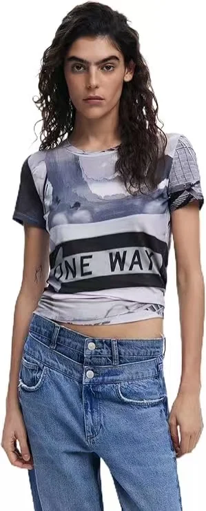 Foreign Trade Spain Original Summer Fashion Women's T-shirt Elastic Round Neck Printed Slim Fit Top Lightweight and Breathable