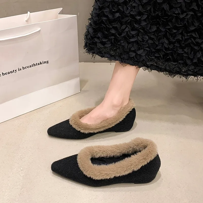 

Французские туфли Мэри Джейн с острым носком для женщин, однотонная осенне-зимняя теплая хлопковая повседневная обувь на низком каблуке, увеличивающая рост, женская обувь