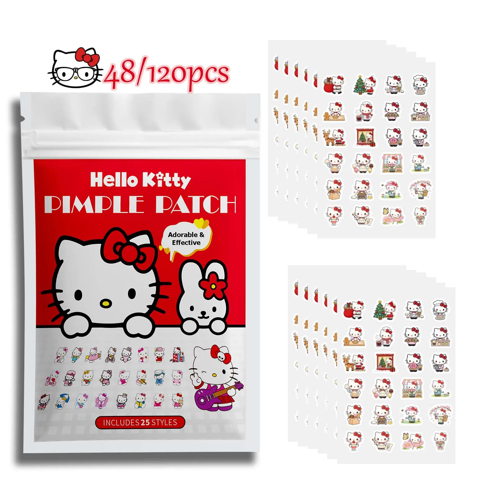 48/120PCS Adorables Pegatinas Kawaii de Hello Kitty, Cubierta Facial Hidrocoloide Suave y Transparente