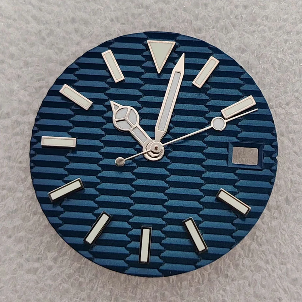 28.5mm Watch Dial With Watch Hands Blue Green Luminous NH35 Dial for NH35 Movement Single Calendar Watch Faces + Silver Pointers
