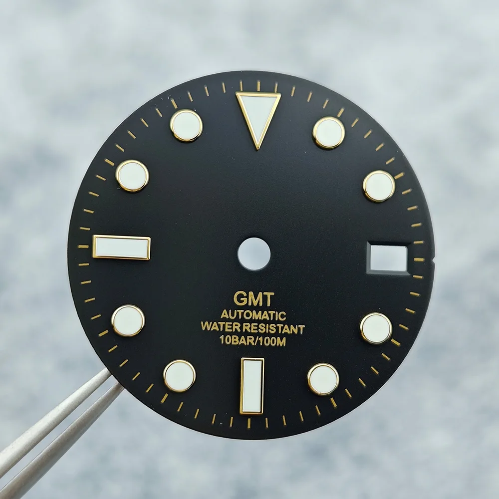 28.5 مللي متر NH34 الطلب ساعة الطلب أسود أزرق أخضر أزرق أحمر برتقالي GMT نص أسود ذهبي روز حافة لحركة NH34 C3 مضيئة