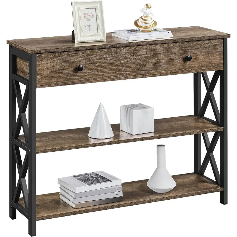 Console Table with Drawer and 2 Open Storage Shelves, Sofa Table for Living Room, 3-Tier Narrow Entryway Table, X-Shaped Design