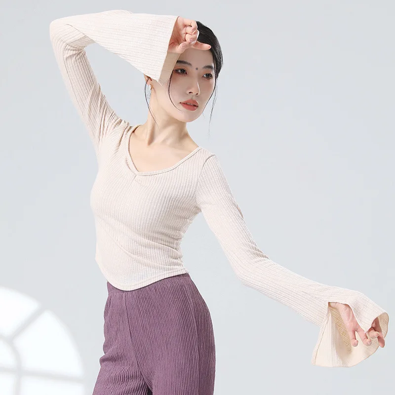 Modern Dance Style Ballet Style Design Sense Flare Sleeves Slim Fit Short Dance Long Sleeve Body Training Daily Top