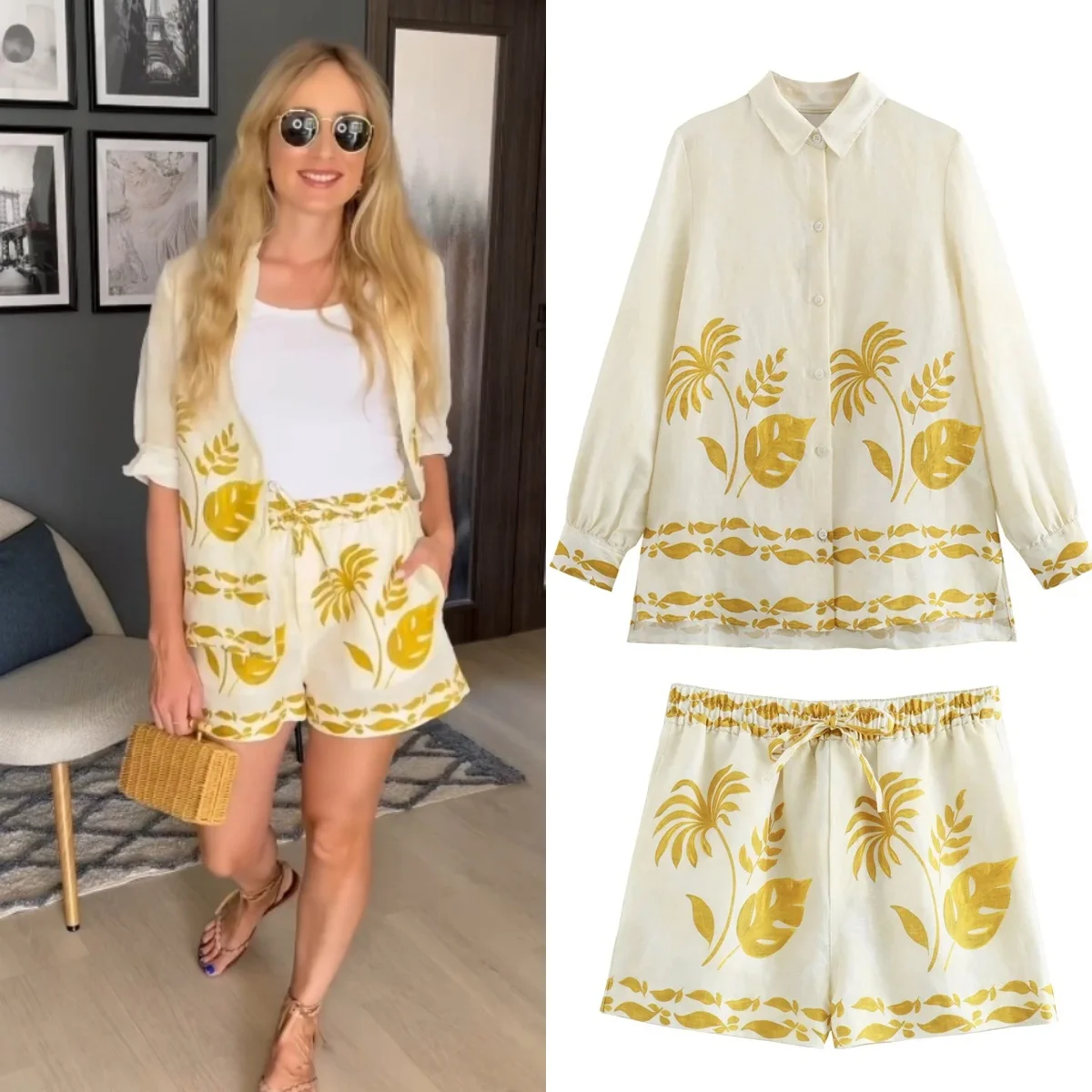 PB&ZA 2024 Women\'s New Fashion Polo Collar Long Sleeve Printed Shirt High Waist Straight Short Shorts Set