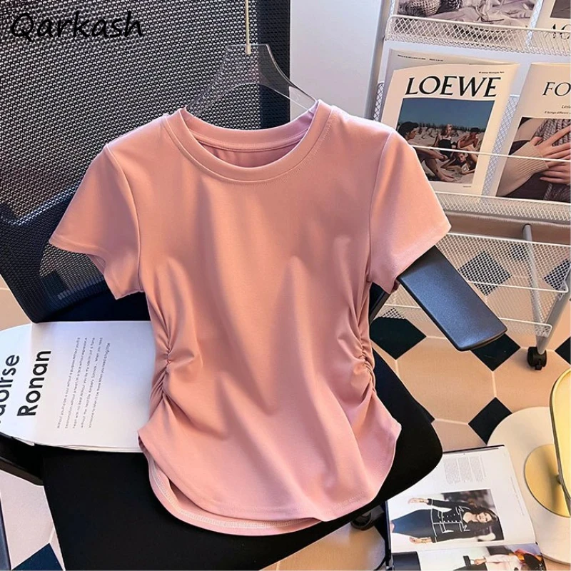 

5-colors T-shirts Women Hotsweet Shirring Casual Simple O-neck Fashion Lady Korean Style Mature Tender футболка Summer Minority