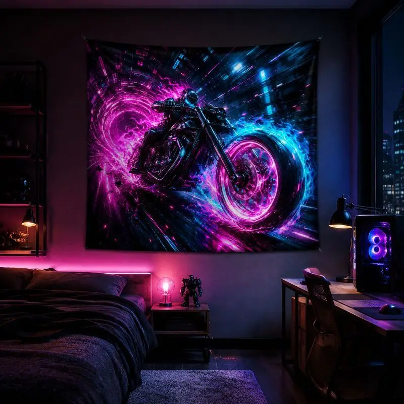 VIKAMA Dark Blue Galaxy Cat Tapestry, Moon Night Mountain Wall Hanging, Mystic Animal Backdrop for Gaming Room Wall Decor