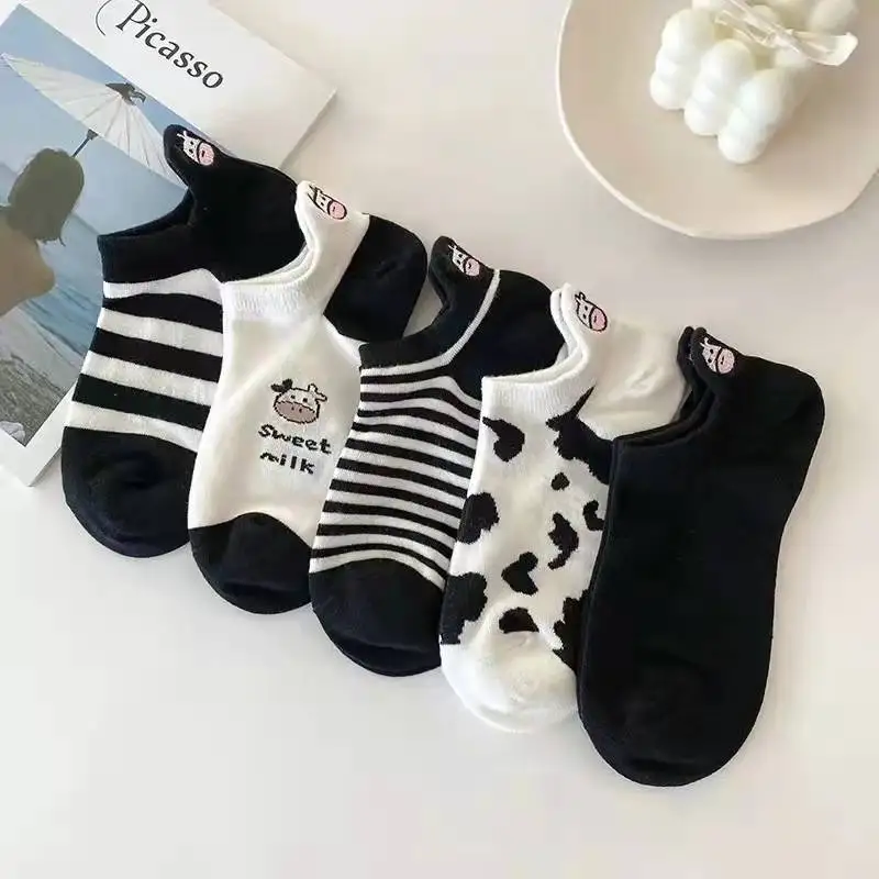 5 pares de calcetines de tubo corto para mujer, calcetines finos de gato rosa para las cuatro estaciones, bonitos calcetines de barco, calcetines bajos Ins de moda