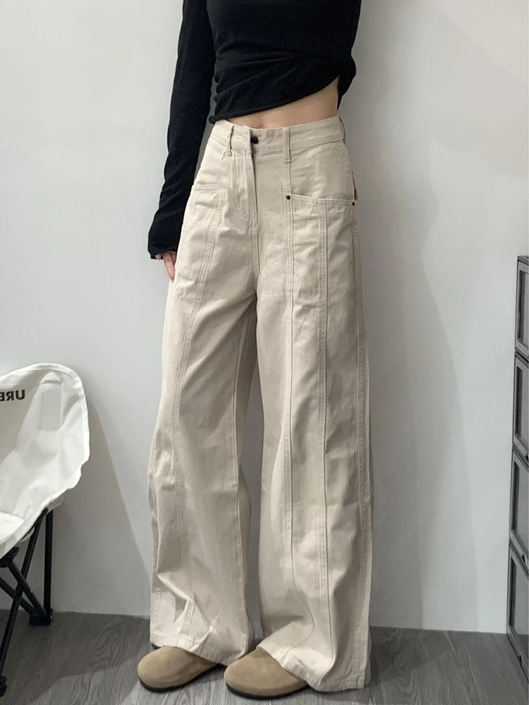 

Women Retro Loose Straight Jeans American Style Autumn New High Waist Slimming Pocket Solid Color Cargo Wide Leg Pants