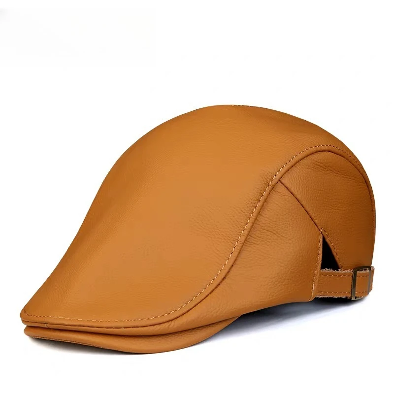 New 2025 Genuine Leather Hat Cap Cowhide Beret Warm Cotton Men Padding Brand Yellow Brown Boina